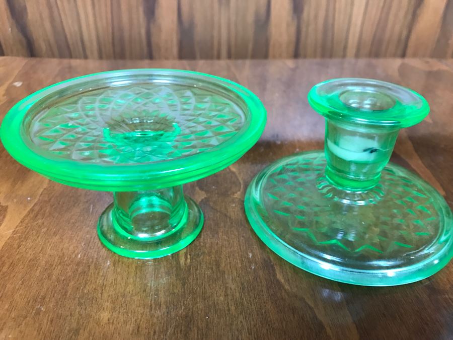 Pair Of Vintage Vasoline Glass Candle Holders [Photo 5]