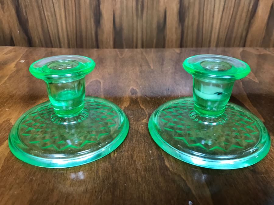 Pair Of Vintage Vasoline Glass Candle Holders [Photo 2]