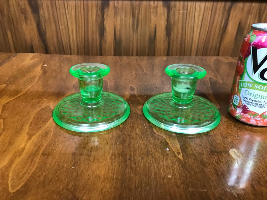 Pair Of Vintage Vasoline Glass Candle Holders [Photo 1]