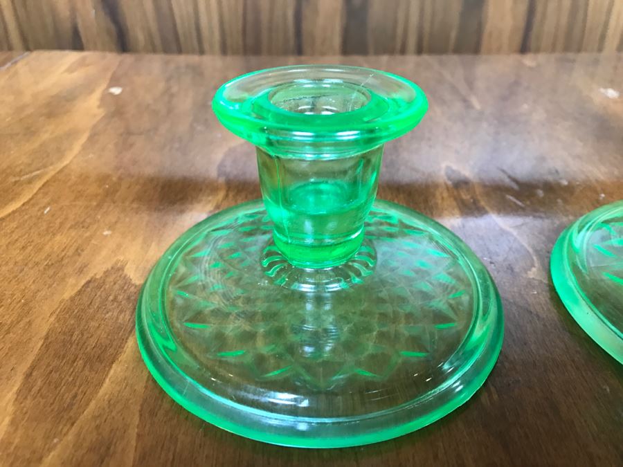 Pair Of Vintage Vasoline Glass Candle Holders [Photo 3]