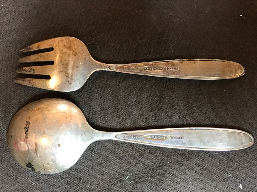 Pair Of Sterling Silver Child's Fork And Spoon Set Towle Rose Solitaire 37g [Photo 6]