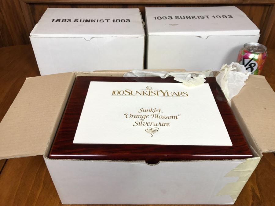 (3) New Boxes Of Sunkist Orange Blossom Silverware Sets In Nice Wooden Storage Presentation Boxes 1893-1993 100 Year Anniversary - Each Box Has 2 Levels Of Silverware [Photo 7]