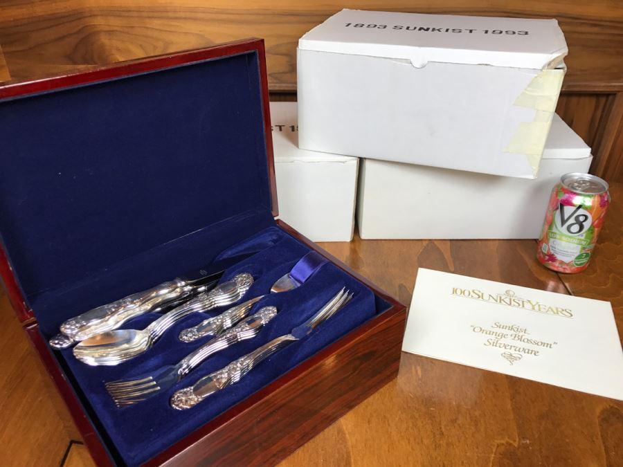 (3) New Boxes Of Sunkist Orange Blossom Silverware Sets In Nice Wooden Storage Presentation Boxes 1893-1993 100 Year Anniversary - Each Box Has 2 Levels Of Silverware