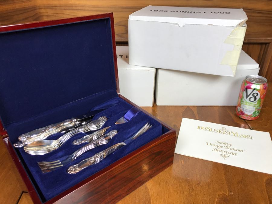 (3) New Boxes Of Sunkist Orange Blossom Silverware Sets In Nice Wooden Storage Presentation Boxes 1893-1993 100 Year Anniversary - Each Box Has 2 Levels Of Silverware [Photo 4]