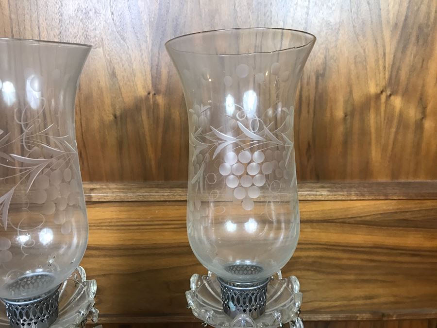 Pair Of Crystal Candle Holders With Marble Bases And Etched Glass Hurricanes [Photo 6]