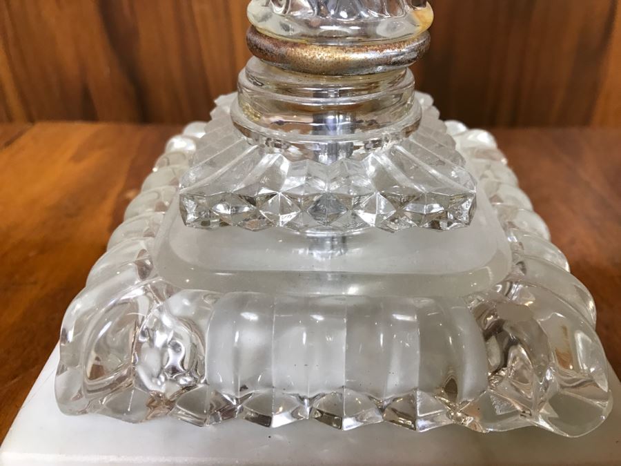 Pair Of Crystal Candle Holders With Marble Bases And Etched Glass Hurricanes [Photo 8]