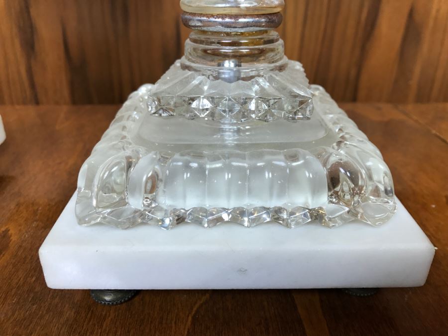 Pair Of Crystal Candle Holders With Marble Bases And Etched Glass Hurricanes [Photo 5]