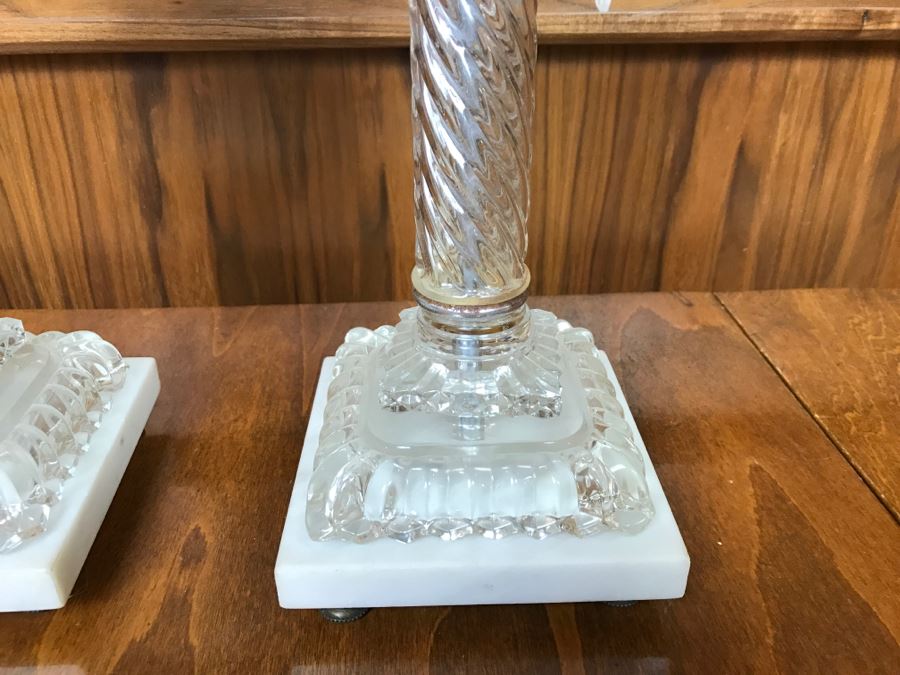 Pair Of Crystal Candle Holders With Marble Bases And Etched Glass Hurricanes [Photo 4]