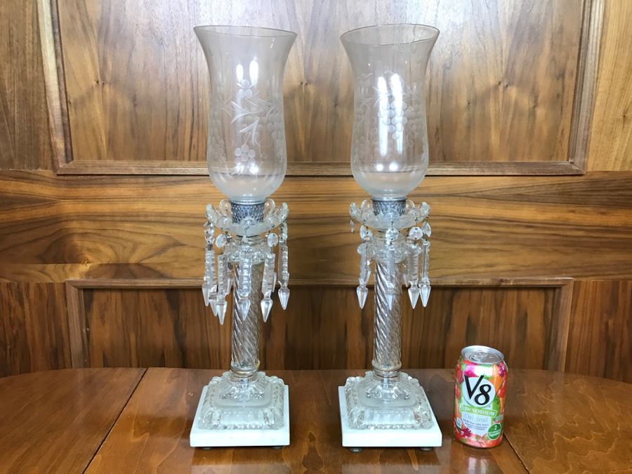 Pair Of Crystal Candle Holders With Marble Bases And Etched Glass Hurricanes [Photo 1]