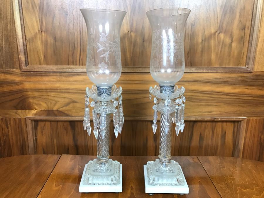 Pair Of Crystal Candle Holders With Marble Bases And Etched Glass Hurricanes [Photo 2]