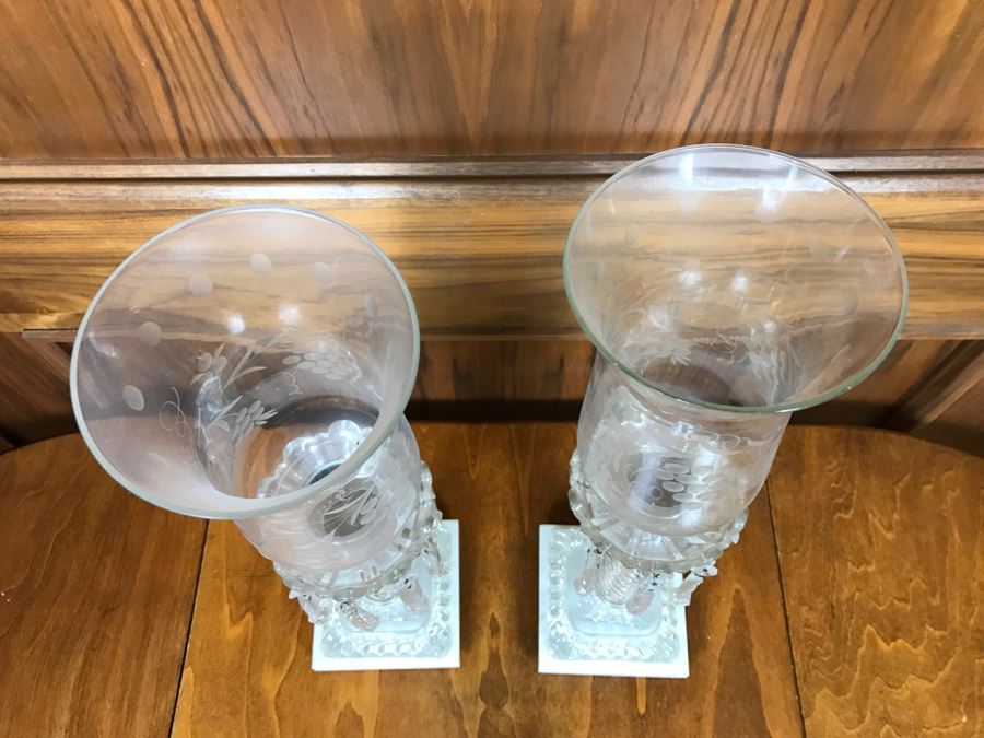 Pair Of Crystal Candle Holders With Marble Bases And Etched Glass Hurricanes [Photo 9]