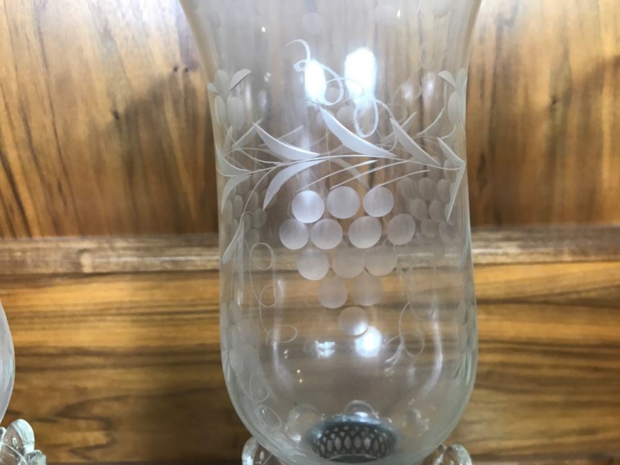 Pair Of Crystal Candle Holders With Marble Bases And Etched Glass Hurricanes [Photo 7]