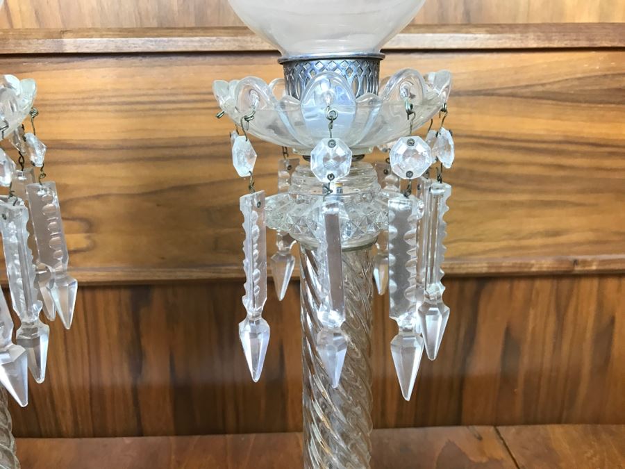 Pair Of Crystal Candle Holders With Marble Bases And Etched Glass Hurricanes [Photo 3]
