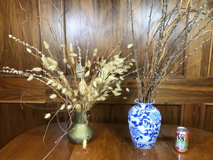 Pair Of Dried Floral Arrangements In Blue And White Chinse Vase And Brass Pitcher