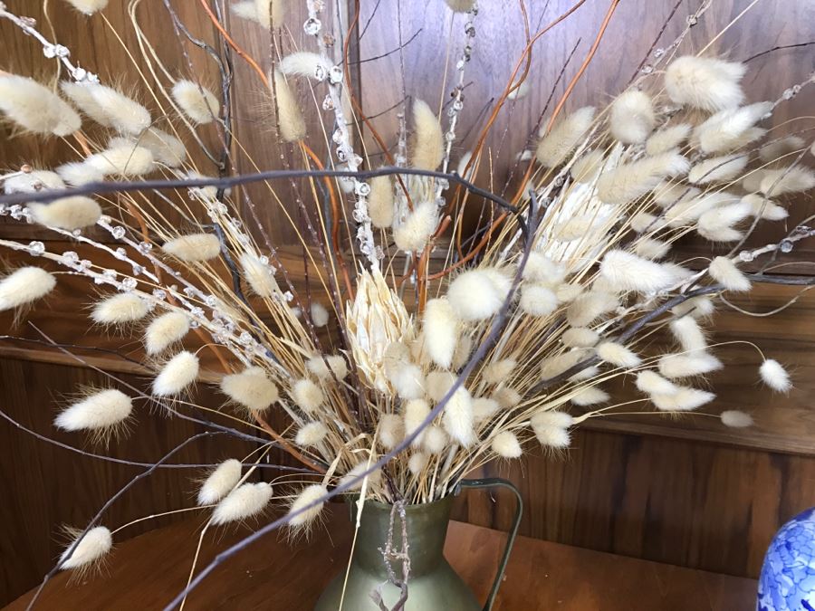 Pair Of Dried Floral Arrangements In Blue And White Chinse Vase And Brass Pitcher [Photo 5]