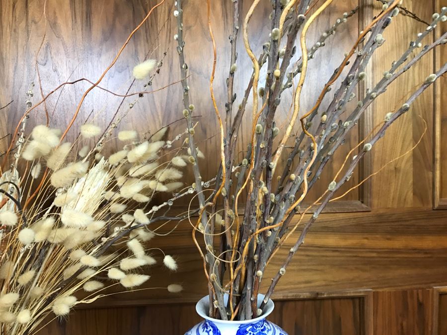 Pair Of Dried Floral Arrangements In Blue And White Chinse Vase And Brass Pitcher [Photo 3]