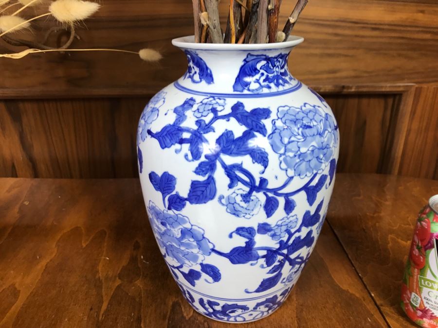 Pair Of Dried Floral Arrangements In Blue And White Chinse Vase And Brass Pitcher [Photo 2]
