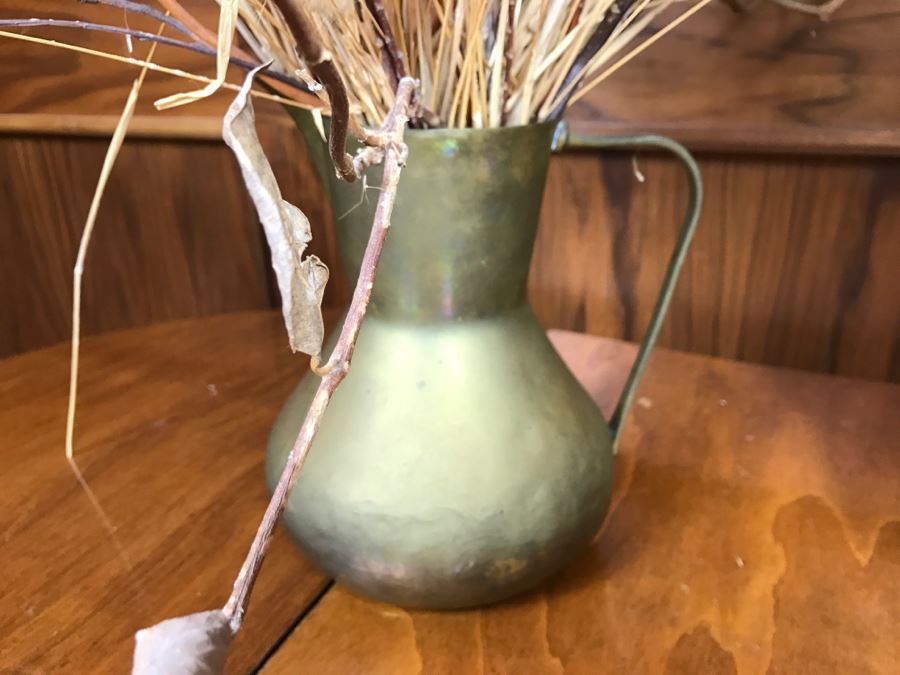 Pair Of Dried Floral Arrangements In Blue And White Chinse Vase And Brass Pitcher [Photo 4]