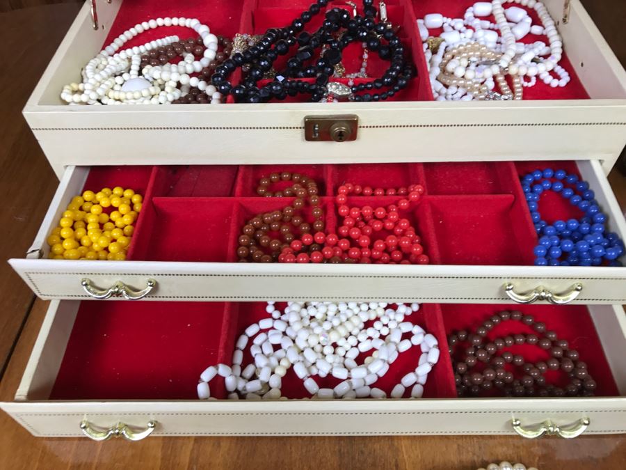 Vintage Jewelry Box With Various Costume Jewelry Some Signed