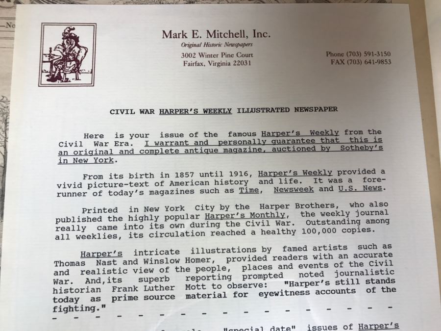 Antique March 5, 1864 Civil War Harper's Weekly Illustrated Newspaper Originally Auctioned By Sotheby's In New York Vol. VIII No 375 With Protective Book Folder [Photo 4]