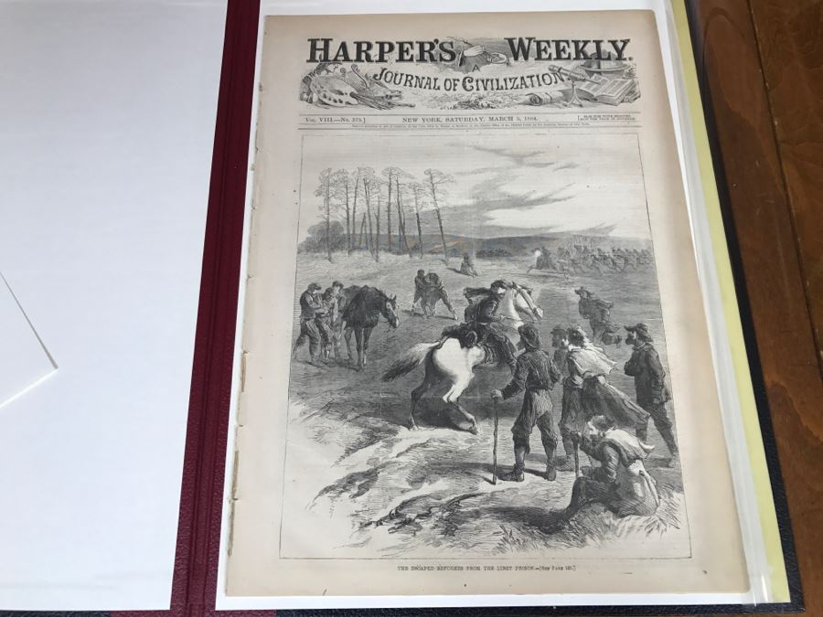 Antique March 5, 1864 Civil War Harper's Weekly Illustrated Newspaper Originally Auctioned By Sotheby's In New York Vol. VIII No 375 With Protective Book Folder