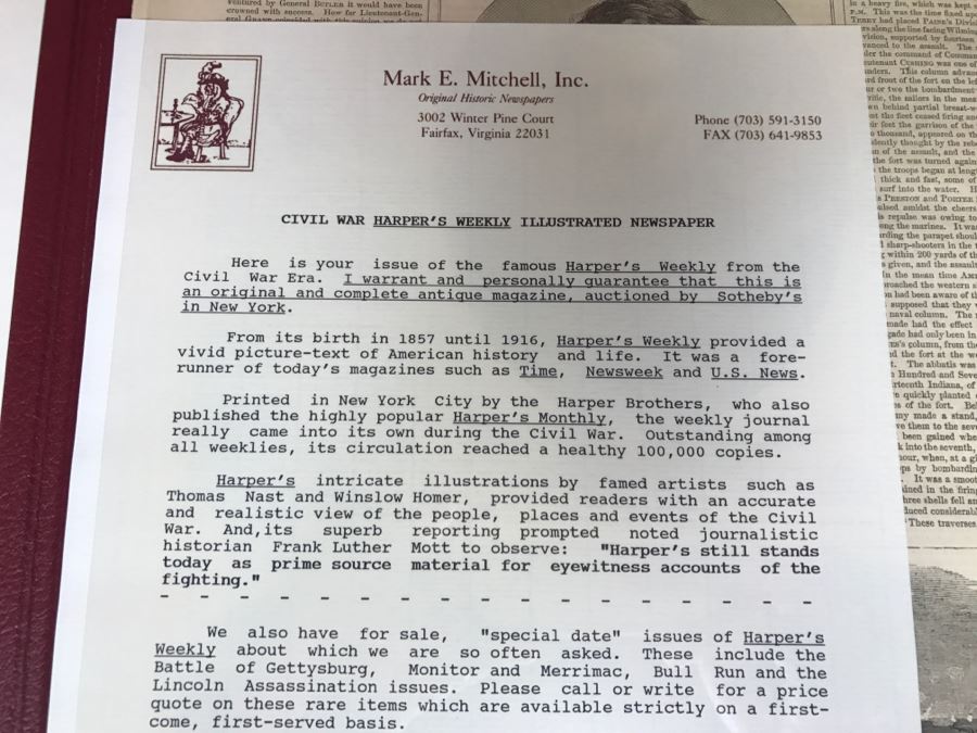 Antique February 4, 1865 Civil War Harper's Weekly Illustrated Newspaper Originally Auctioned By Sotheby's In New York Vol. VIII No 375 With Protective Book Folder [Photo 5]