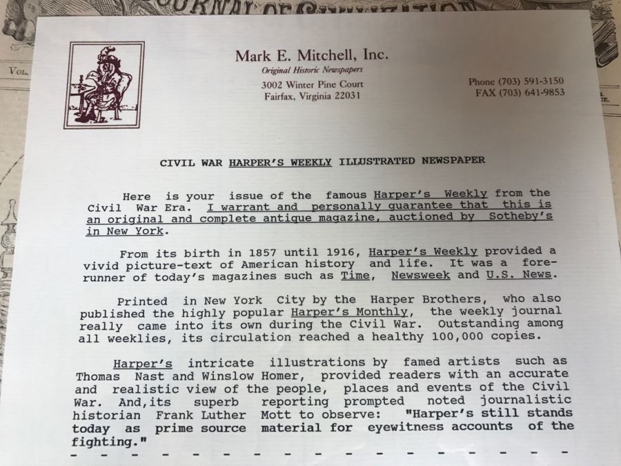 Antique February 21, 1863 Civil War Harper's Weekly Illustrated Newspaper With General Tom Thumb Originally Auctioned By Sotheby's In New York Vol. VIII No 375 With Protective Book Folder [Photo 6]