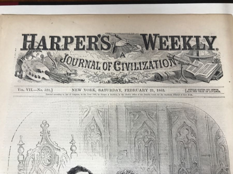Antique February 21, 1863 Civil War Harper's Weekly Illustrated Newspaper With General Tom Thumb Originally Auctioned By Sotheby's In New York Vol. VIII No 375 With Protective Book Folder [Photo 8]