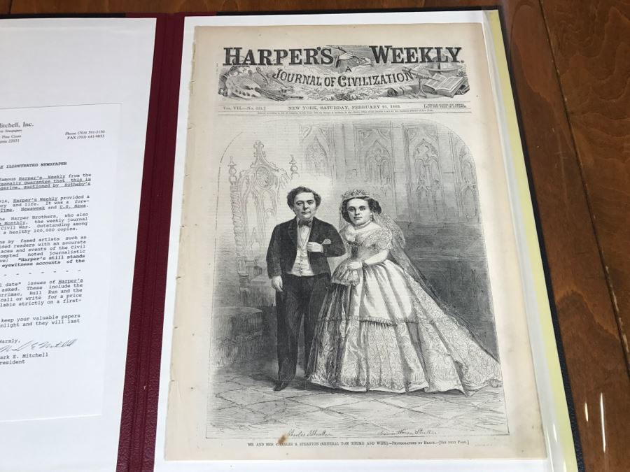 Antique February 21, 1863 Civil War Harper's Weekly Illustrated Newspaper With General Tom Thumb Originally Auctioned By Sotheby's In New York Vol. VIII No 375 With Protective Book Folder [Photo 1]