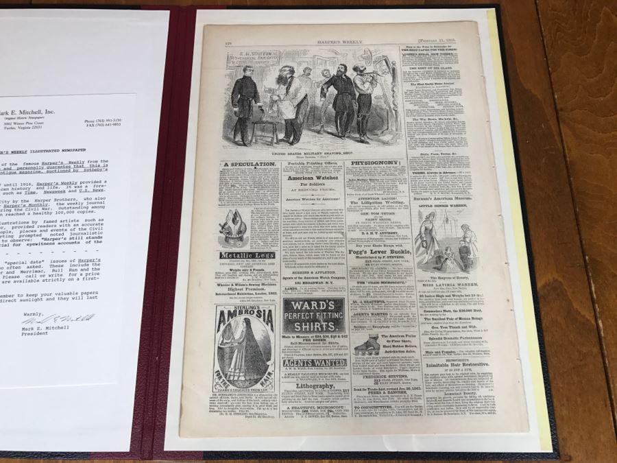 Antique February 21, 1863 Civil War Harper's Weekly Illustrated Newspaper With General Tom Thumb Originally Auctioned By Sotheby's In New York Vol. VIII No 375 With Protective Book Folder [Photo 16]