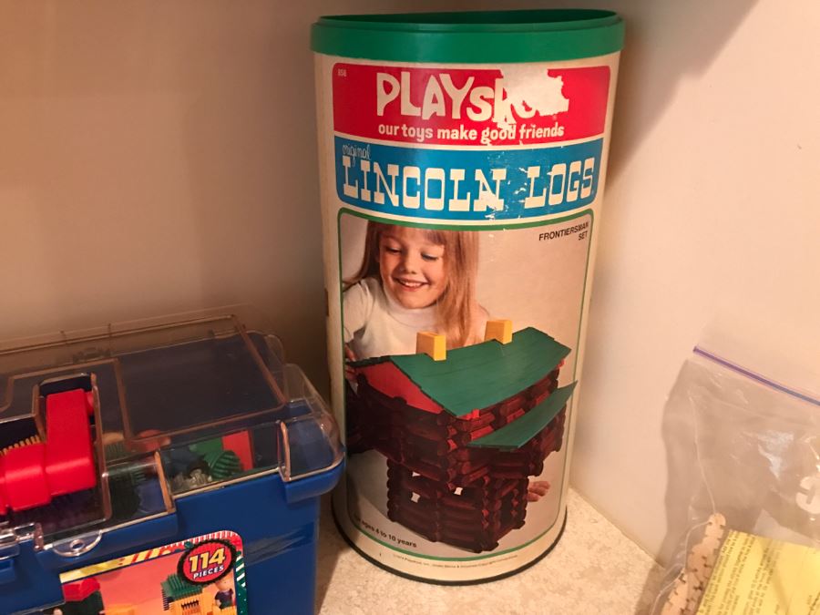 Various Kids Toys Including Playskol Original Lincoln Logs, Bristle Blocks, Wooden Blocks And Other Toys Photographed [Photo 2]