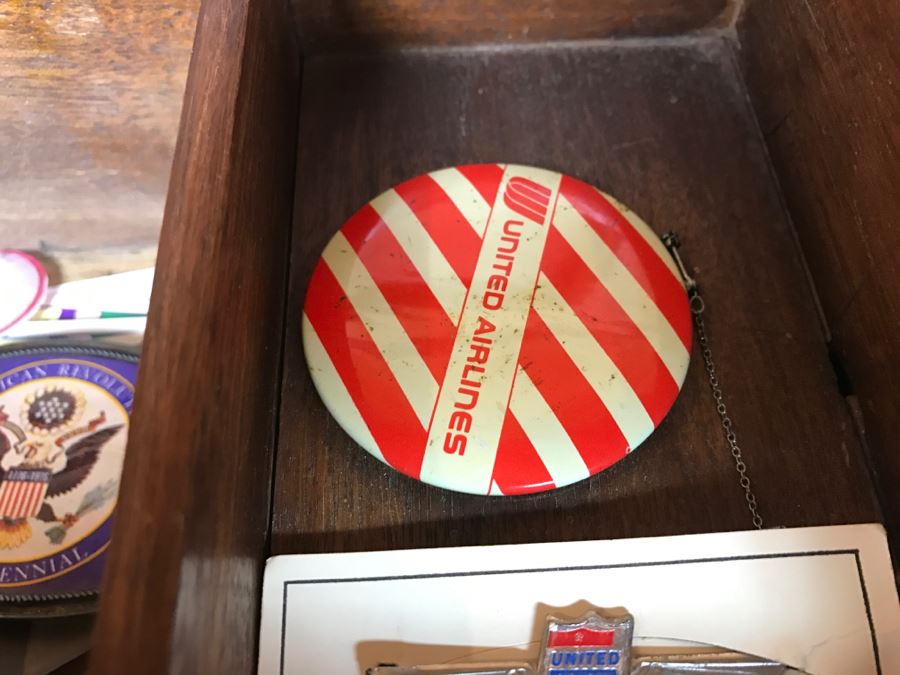 Vintage Wooden Box With Various Keepsake Items Including United Airlines Future Pilot Wings And Button, Vintage 1936 Sterling Silver Pin And Various Items [Photo 13]