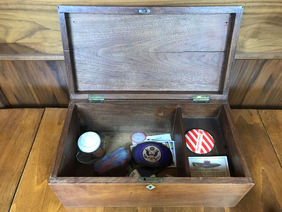 Vintage Wooden Box With Various Keepsake Items Including United Airlines Future Pilot Wings And Button, Vintage 1936 Sterling Silver Pin And Various Items [Photo 1]