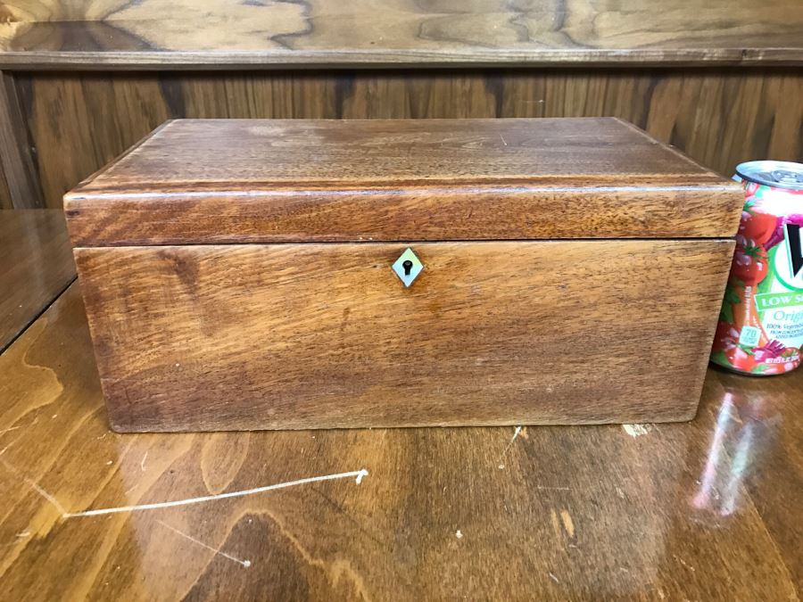 Vintage Wooden Box With Various Keepsake Items Including United Airlines Future Pilot Wings And Button, Vintage 1936 Sterling Silver Pin And Various Items [Photo 2]