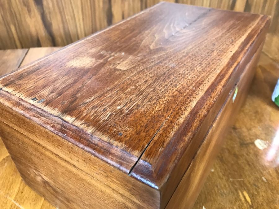 Vintage Wooden Box With Various Keepsake Items Including United Airlines Future Pilot Wings And Button, Vintage 1936 Sterling Silver Pin And Various Items [Photo 6]