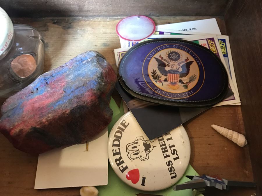 Vintage Wooden Box With Various Keepsake Items Including United Airlines Future Pilot Wings And Button, Vintage 1936 Sterling Silver Pin And Various Items [Photo 9]