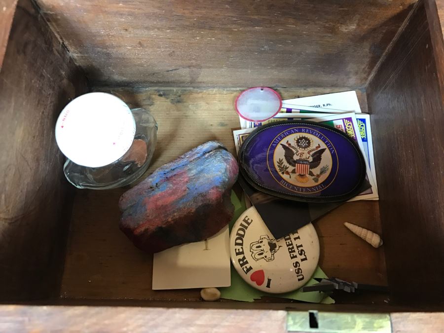 Vintage Wooden Box With Various Keepsake Items Including United Airlines Future Pilot Wings And Button, Vintage 1936 Sterling Silver Pin And Various Items [Photo 7]