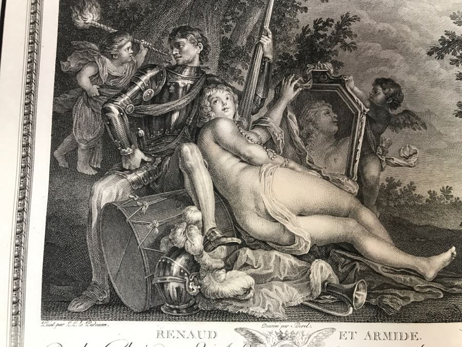 Pair Of Antique 1786 Prints Engravings: (1) Engraver J. L. Delignon, Artist L. L. Le Padouan, Titled Renaud Et Armide; (2) Engraver Berseneff, Artist Titien Vecelli, Title Le Tentateur [Photo 6]