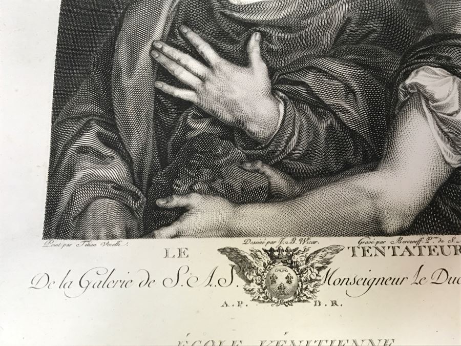 Pair Of Antique 1786 Prints Engravings: (1) Engraver J. L. Delignon, Artist L. L. Le Padouan, Titled Renaud Et Armide; (2) Engraver Berseneff, Artist Titien Vecelli, Title Le Tentateur [Photo 22]