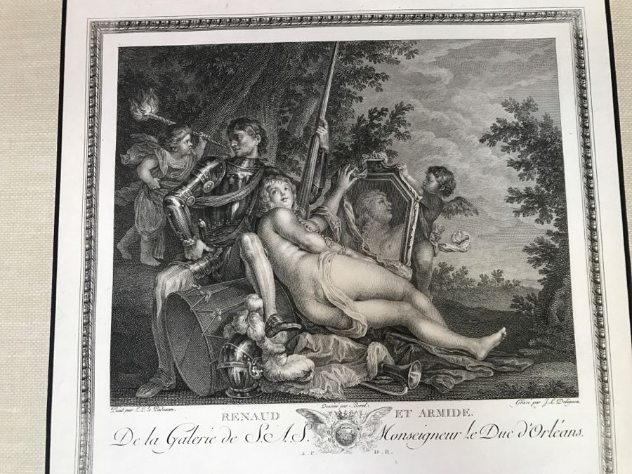Pair Of Antique 1786 Prints Engravings: (1) Engraver J. L. Delignon, Artist L. L. Le Padouan, Titled Renaud Et Armide; (2) Engraver Berseneff, Artist Titien Vecelli, Title Le Tentateur [Photo 4]