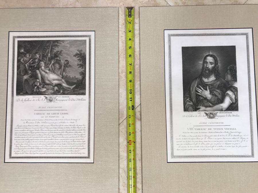 Pair Of Antique 1786 Prints Engravings: (1) Engraver J. L. Delignon, Artist L. L. Le Padouan, Titled Renaud Et Armide; (2) Engraver Berseneff, Artist Titien Vecelli, Title Le Tentateur [Photo 2]