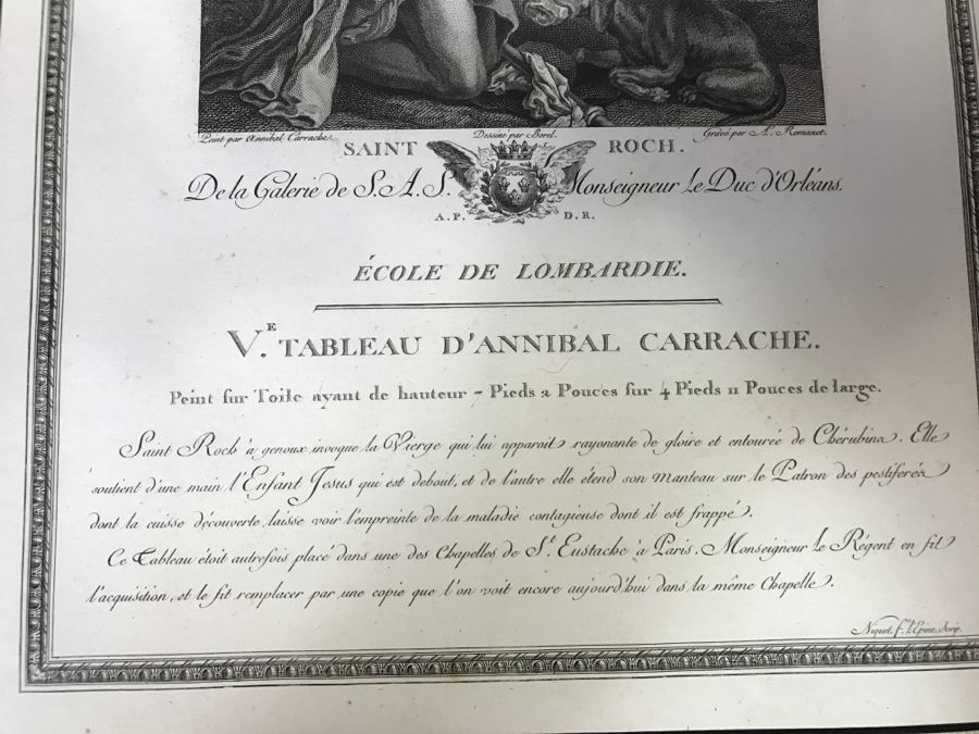 Pair Of Antique 1786 Prints Engravings: (1) Engraver B A Nicolet, Artist Guido Reni, Title Sainte Apolline; (2) Engraver A. Romanet, Artist Annibal Carrache, Title Saint Roch [Photo 35]