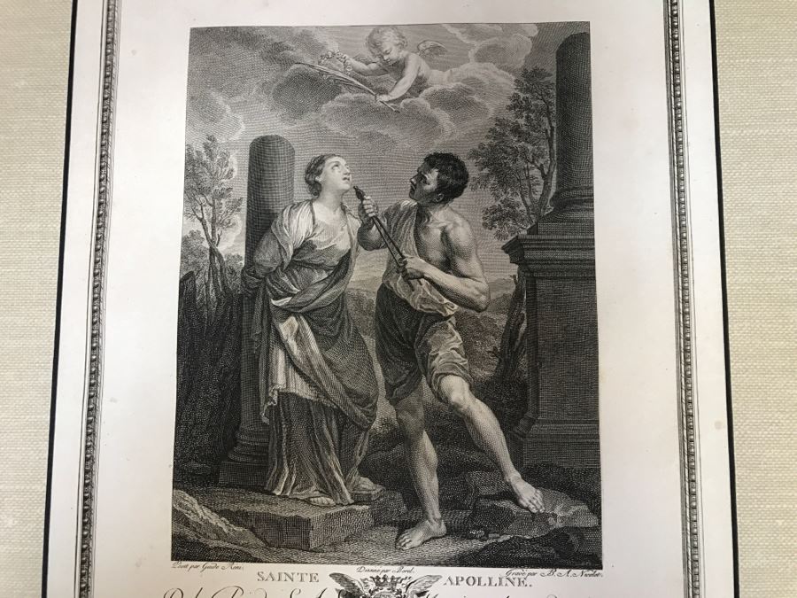 Pair Of Antique 1786 Prints Engravings: (1) Engraver B A Nicolet, Artist Guido Reni, Title Sainte Apolline; (2) Engraver A. Romanet, Artist Annibal Carrache, Title Saint Roch [Photo 4]