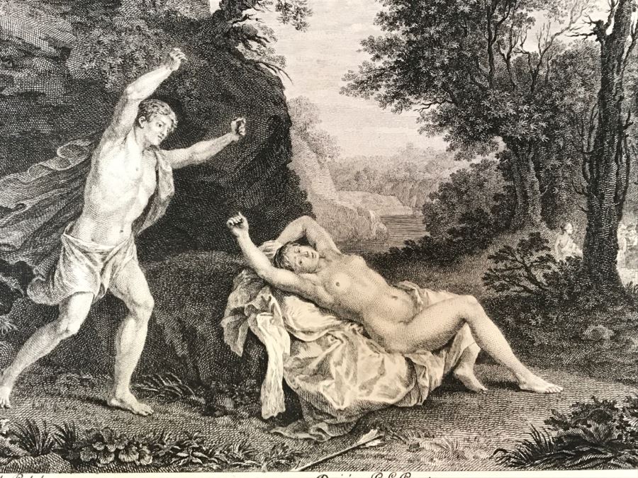 Pair Of Antique 1786 Prints Engravings: (1) Engraver Dambrun, Artist Corneille Poelenburg, Title Cephale Et Procris; (2) Engraver N. Varin, Artist David Teniers, Title La Gazete [Photo 7]