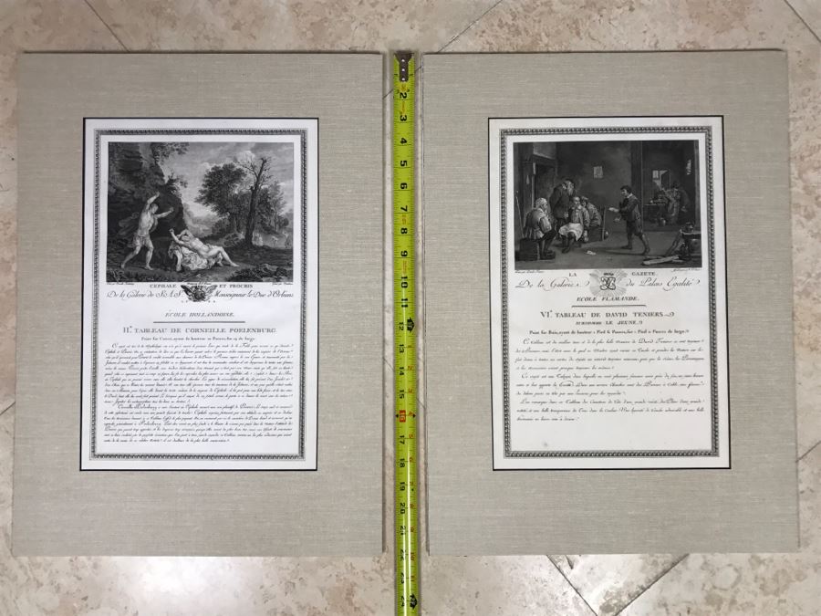 Pair Of Antique 1786 Prints Engravings: (1) Engraver Dambrun, Artist Corneille Poelenburg, Title Cephale Et Procris; (2) Engraver N. Varin, Artist David Teniers, Title La Gazete [Photo 2]