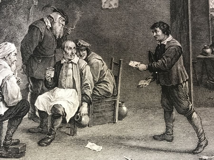 Pair Of Antique 1786 Prints Engravings: (1) Engraver Dambrun, Artist Corneille Poelenburg, Title Cephale Et Procris; (2) Engraver N. Varin, Artist David Teniers, Title La Gazete [Photo 27]