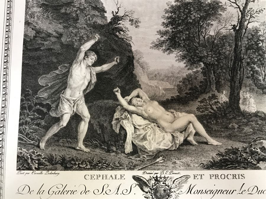 Pair Of Antique 1786 Prints Engravings: (1) Engraver Dambrun, Artist Corneille Poelenburg, Title Cephale Et Procris; (2) Engraver N. Varin, Artist David Teniers, Title La Gazete [Photo 6]