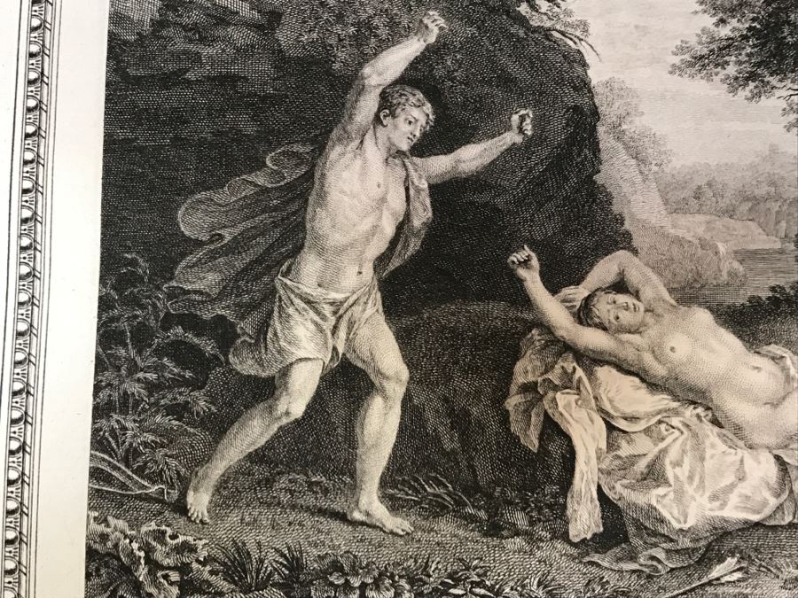 Pair Of Antique 1786 Prints Engravings: (1) Engraver Dambrun, Artist Corneille Poelenburg, Title Cephale Et Procris; (2) Engraver N. Varin, Artist David Teniers, Title La Gazete [Photo 8]