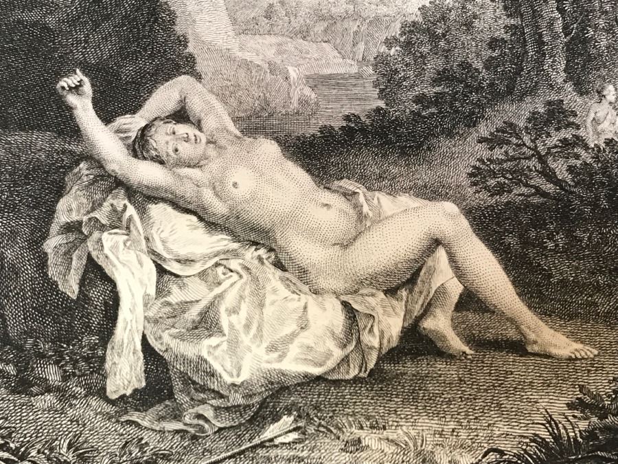Pair Of Antique 1786 Prints Engravings: (1) Engraver Dambrun, Artist Corneille Poelenburg, Title Cephale Et Procris; (2) Engraver N. Varin, Artist David Teniers, Title La Gazete [Photo 9]