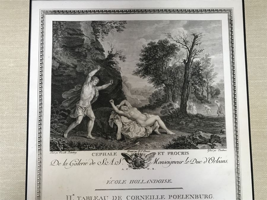 Pair Of Antique 1786 Prints Engravings: (1) Engraver Dambrun, Artist Corneille Poelenburg, Title Cephale Et Procris; (2) Engraver N. Varin, Artist David Teniers, Title La Gazete [Photo 4]